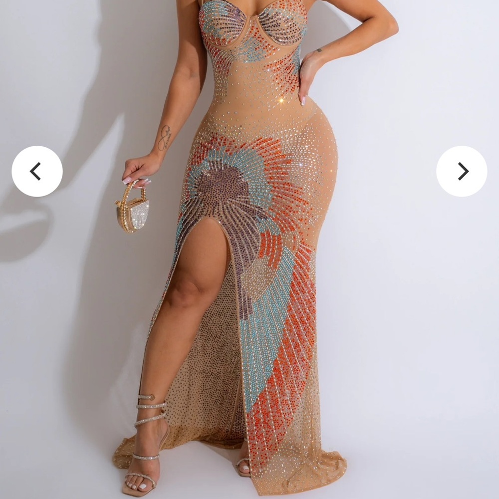 Oh Holy Night Mesh Diamonds Maxi Dress Nude